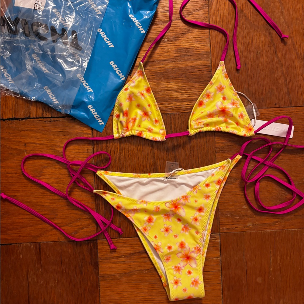 Yellow Floral Bikini with Pink Straps